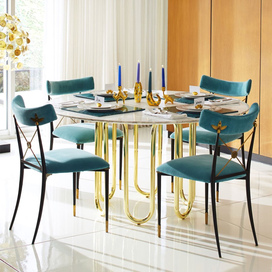 Carrara marble and brass dining table from Jonathan Adler