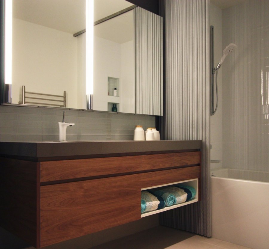 Cascade Coil luxury shower curtain in a modern bathroom