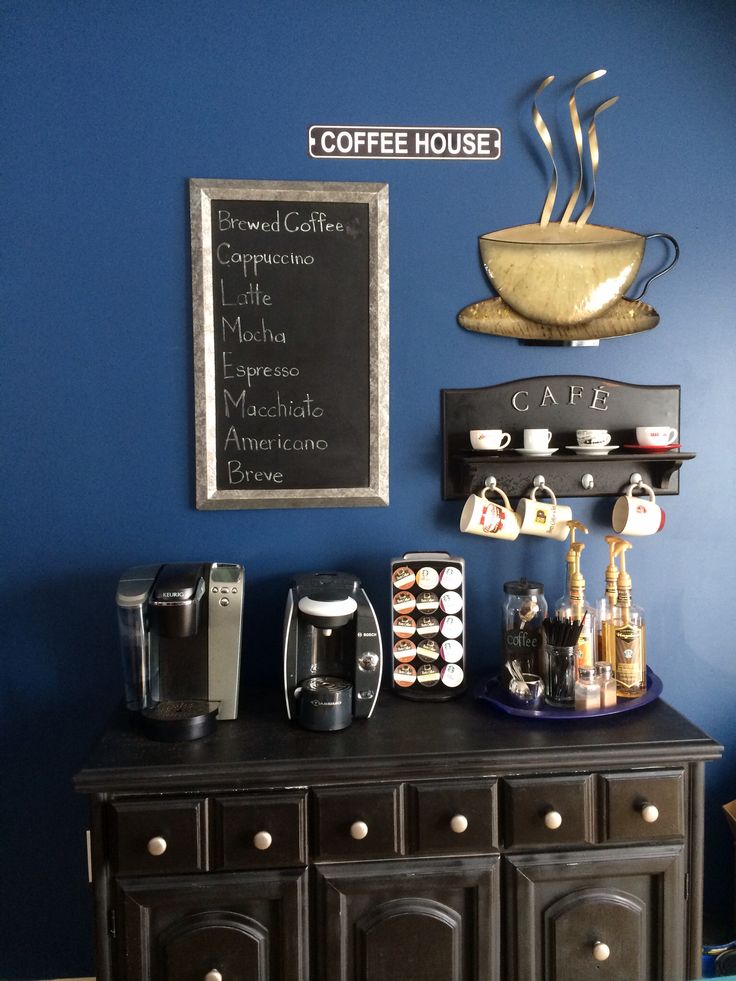 Coffee station with dark colors and chalkboard