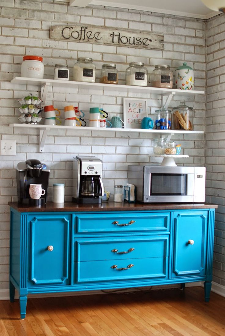 Colorful coffee station with gorgeous blue dresser