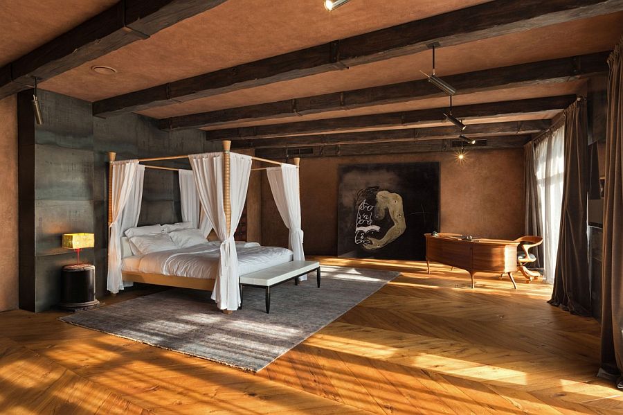 Comfy bedroom with earthen hues and timeless Italian charm