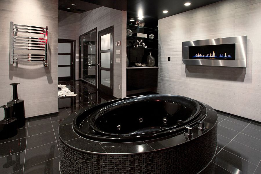 Contemporary bathroom with fireplace and a luxurious bathtub