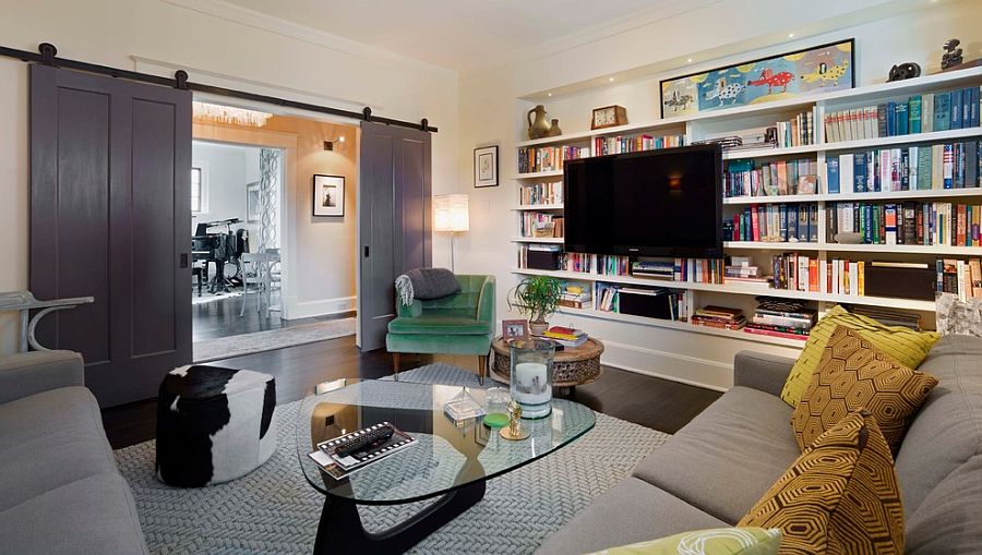 Contemporary family room with sliding barn doors in gray