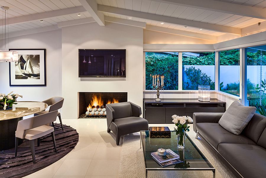 Contemporary living room with gas fireplace and fire pit balls