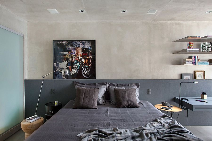 Cool gray coupled with concrete walls in the contemporary bedroom