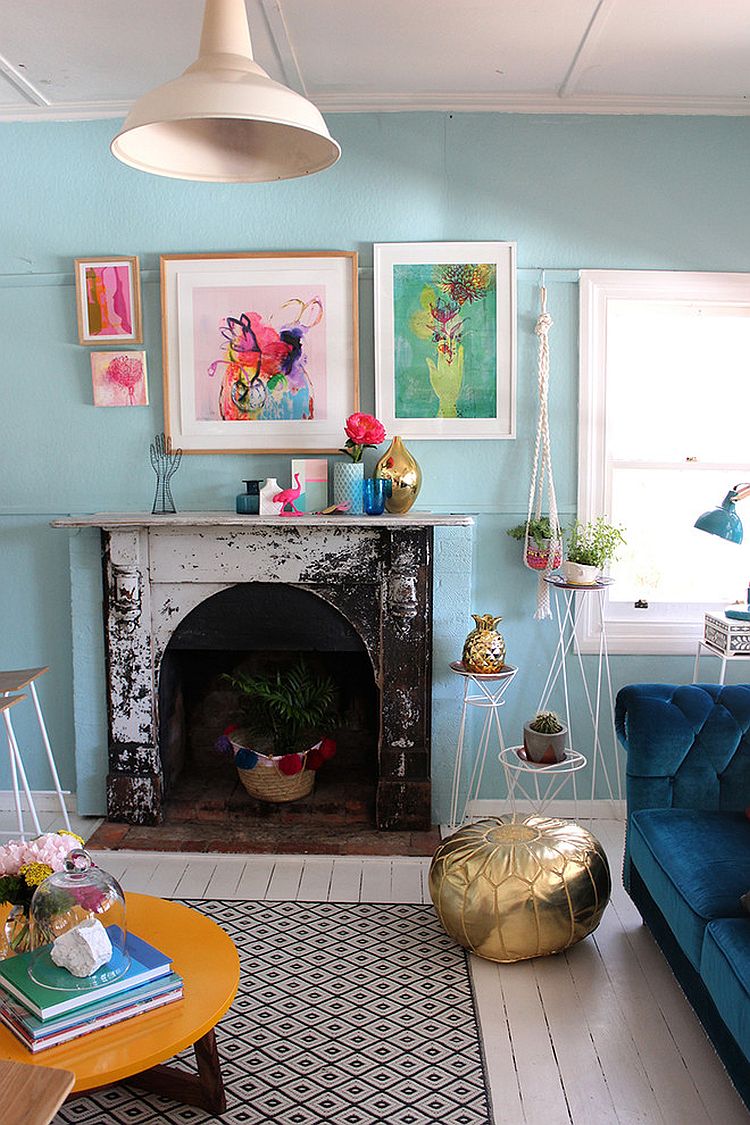 Creative and colorful living room design with shabby chic style