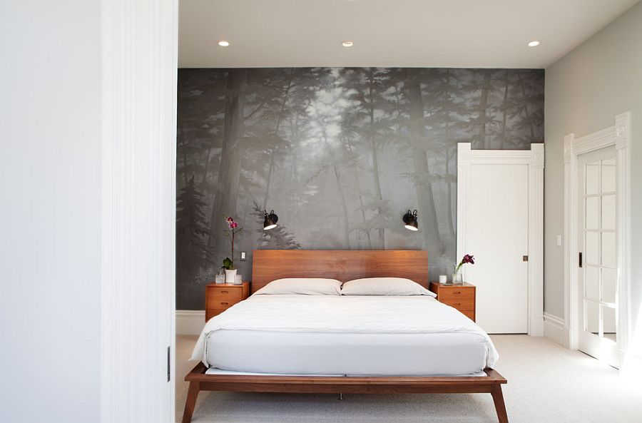 Custom wall mural creates a sense of harmony in the contemporary bedroom [Design: Kari McIntosh Design]