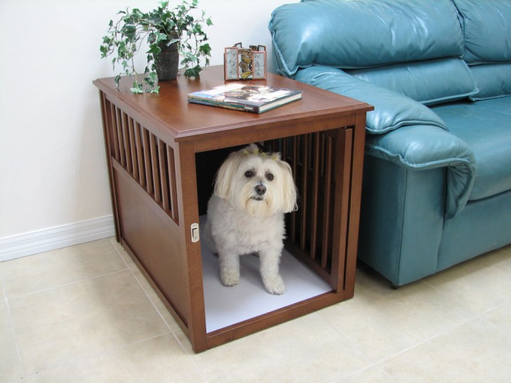 Cute and simple wooden dog crate that doubles as a side table