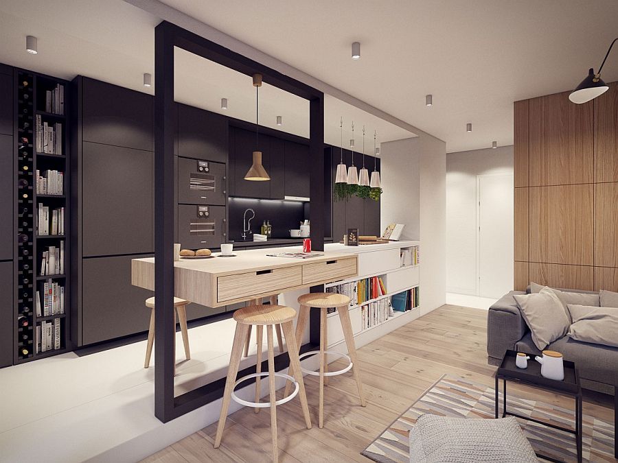 Dark gray kitchen shelves and wine storage area