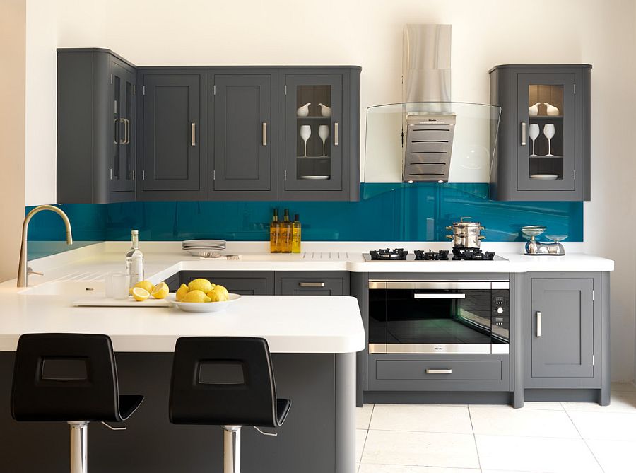 Dashing kitchen in teal, white and gray [Design: Harvey Jones Kitchens]