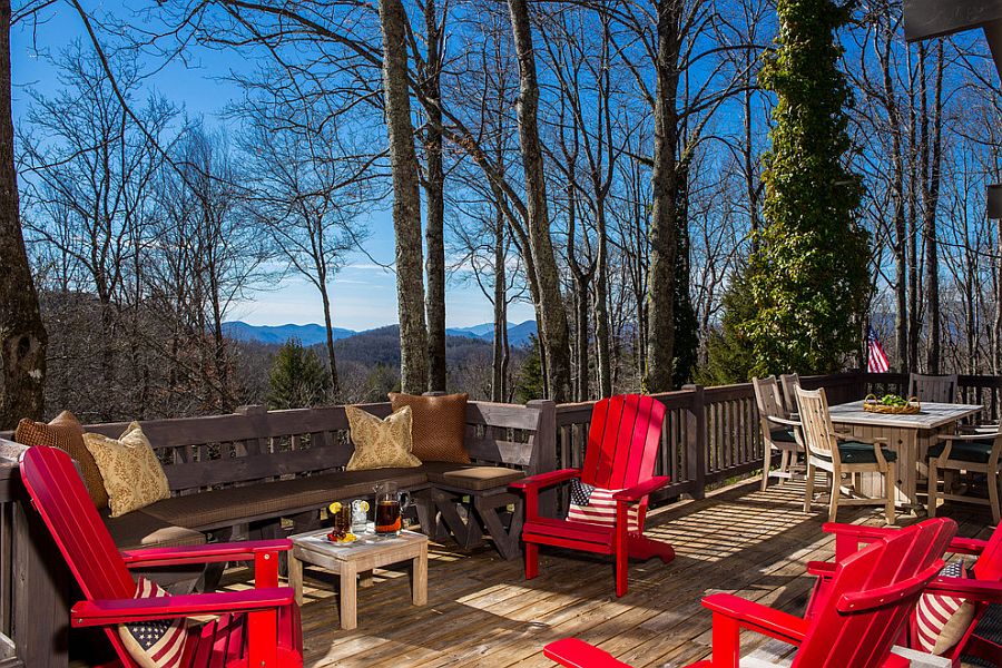 Decor adds bright red to the relaxing deck