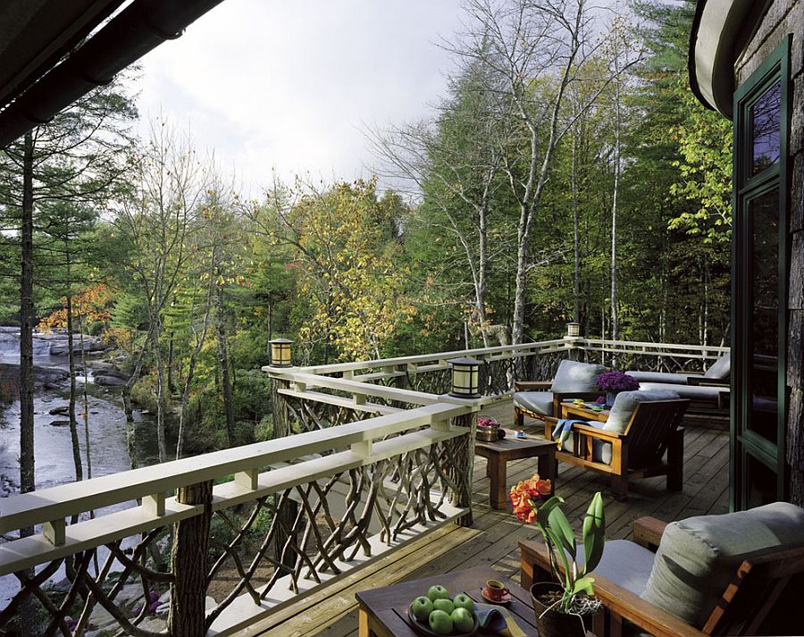 Design of the railing adds to the rustic charm of the gorgeous deck [From: Dan Forer Architectural & Interior Photographer]