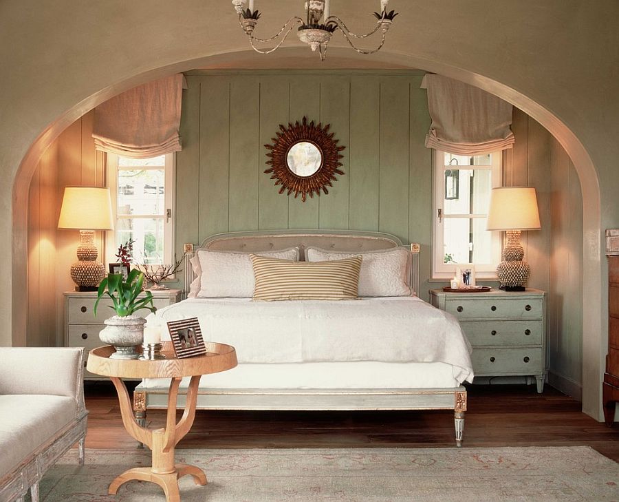 Distressed wooden paneling is a great way to bring shabby chic glam to the bedroom