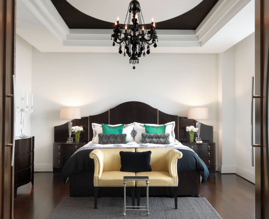 Dramatic painted recessed ceiling in an elegant bedroom