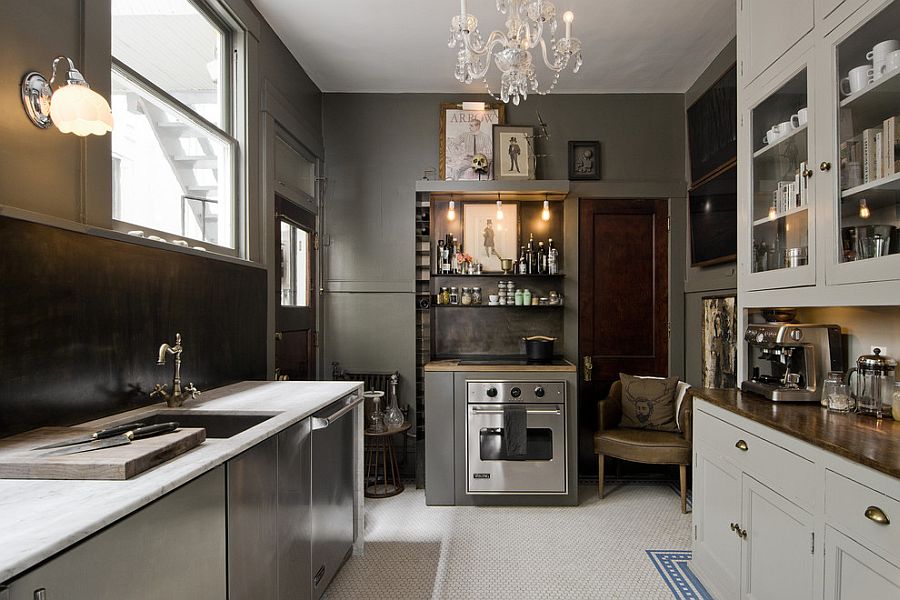 Eclectic kitchen combines gray, white and black