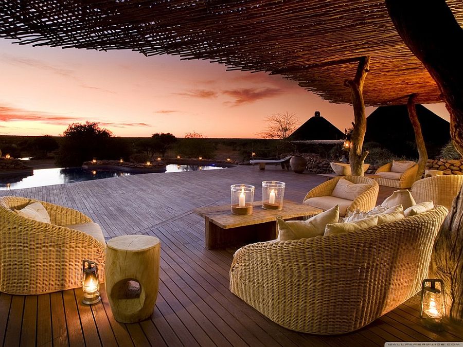 Elegant deck overlooking the pool and the landscape beyond [Design: Martinez Wood Floors]