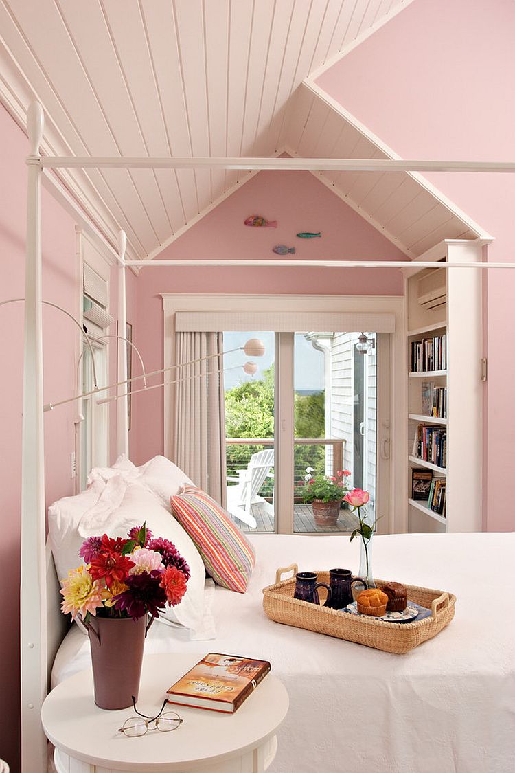 Feminine bedroom in pastel pink with shabby chic style [Design: Encore Construction]