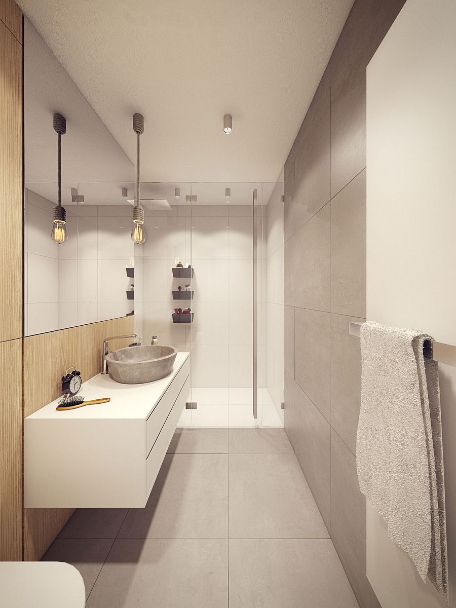 Floating vanity in white and wooden wall fashion an inviting bathroom