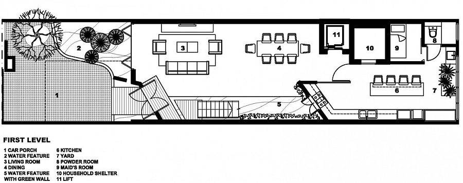 Floor plan of the first level of the private home in Singapore