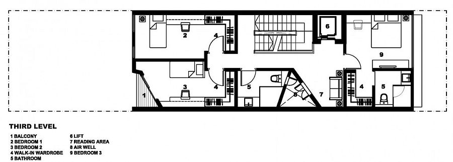 Floor plan of the third level with kids' bedrooms and workspaces