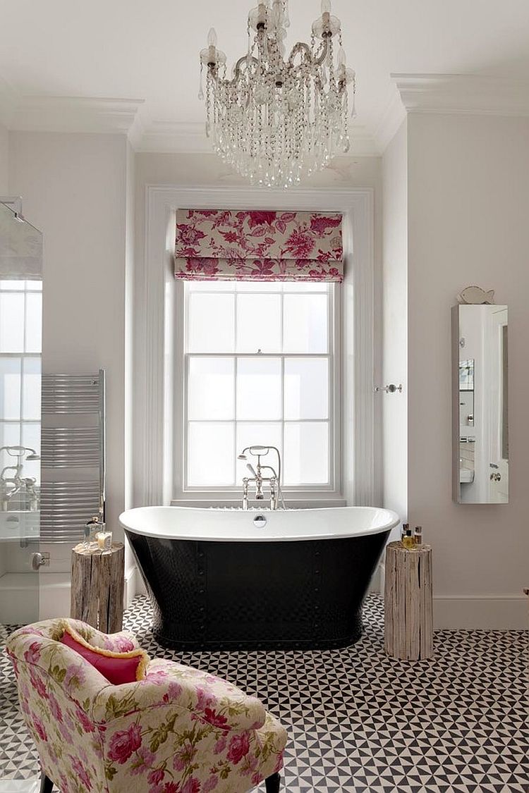 Floor tiles in black and white, floral patterned blind and cool bathtub for the bathroom [Design: RDP Architects]