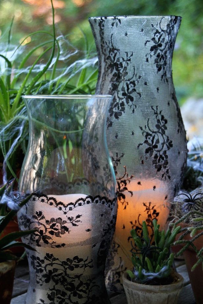 Glass candle holders with black lace