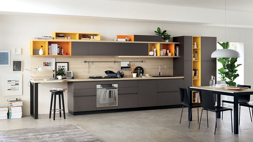 Gorgeous kitchen shelves in gray and yellow