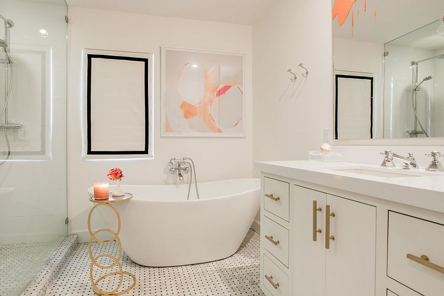 Gorgeous side table brings a hint of golden glint into the neutral bathroom [Design: Alphapex Construction Services]