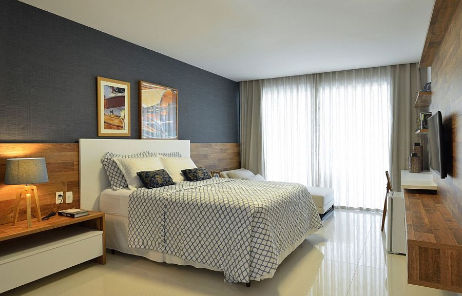 Grasscloth wallpaper adds texture to the relaxed contemporary bedroom