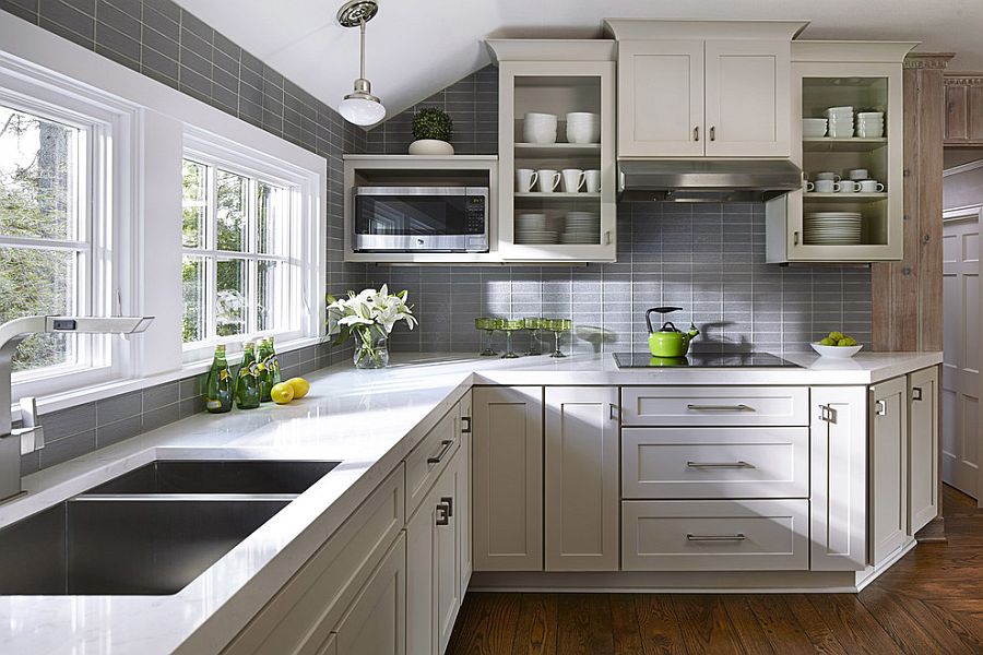 Gray tiles shape a lovely background in the small kitchen