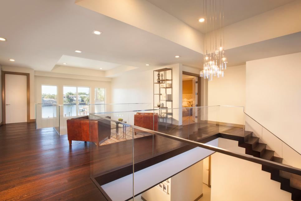 Hallway with dramatic pendant lighting