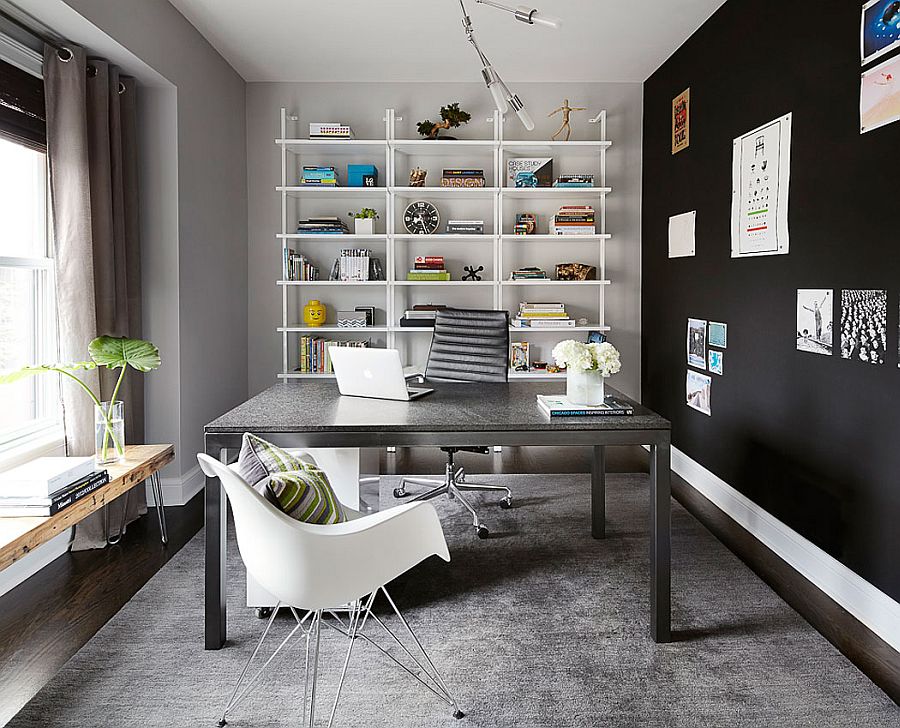 Home office in gray with dark accent wall