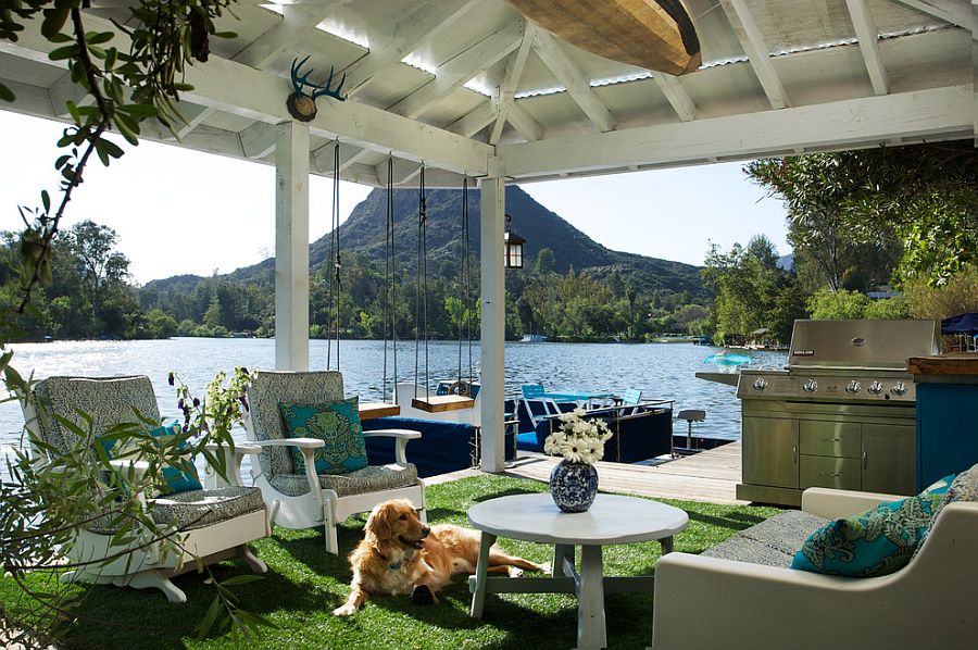 Idyllic lakeside deck flowing into the dock