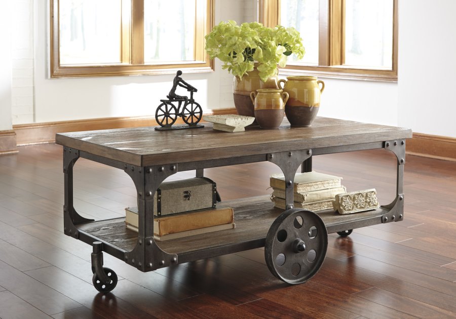 Industrial coffee table with wheels