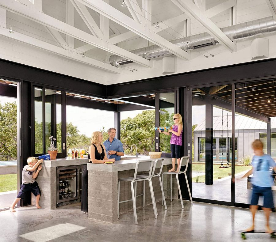 Industrial style interior for the family area with home bar