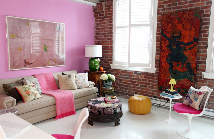 Ingenious living room combines pink with the exposed brick wall visual [Design: The Cross Interior Design]