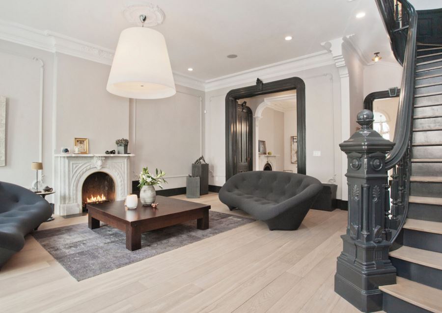 Interior anchored by grey on stairs and trim