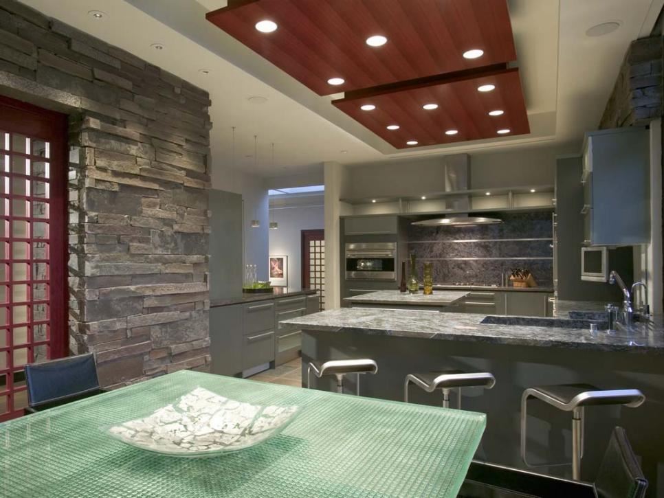 Kitchen with a panelled recessed ceiling