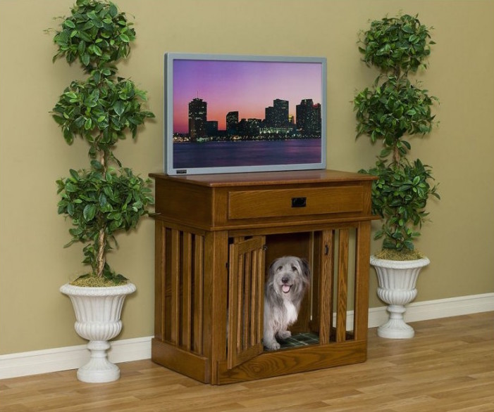 Large wood table with big dog crate area built into it