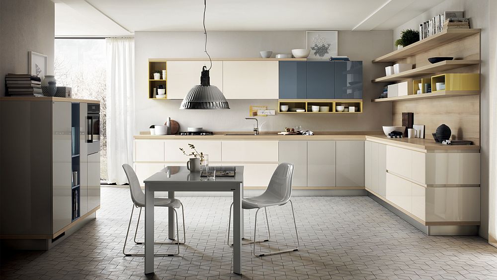 Latest generation of kitchen shelves from Scavolini that also venture in the living room