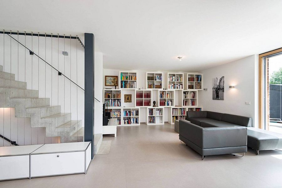 Lovely bookcase in the living room brings color and contrast