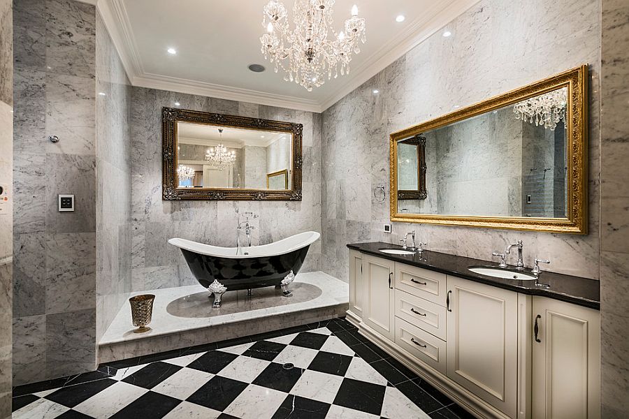 Luxurious bathroom design in black and white with a hint of gold