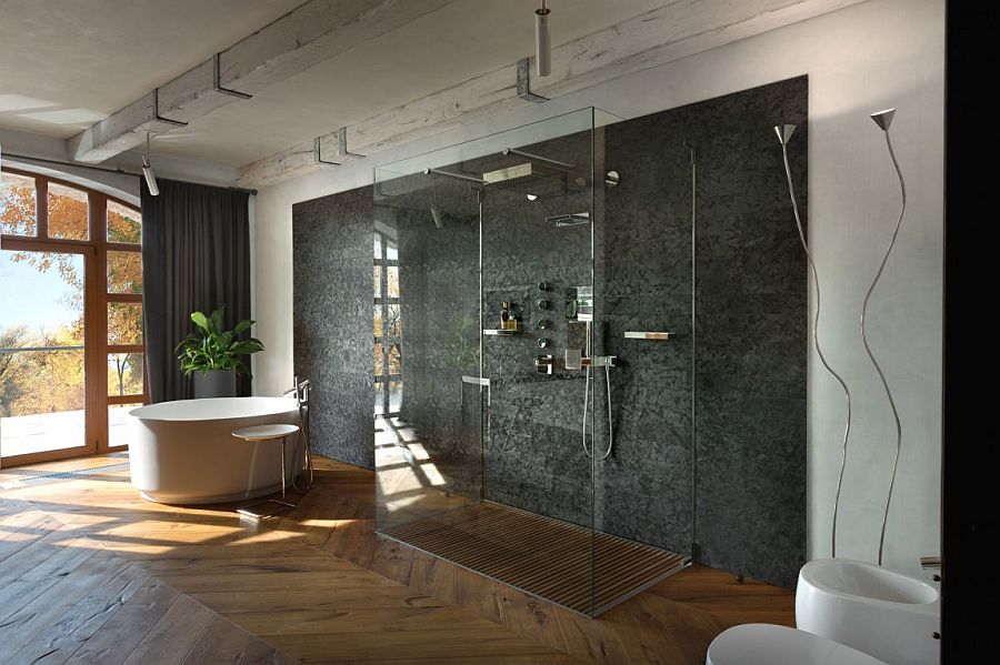 Master bathroom with chevron flooring and glass shower area