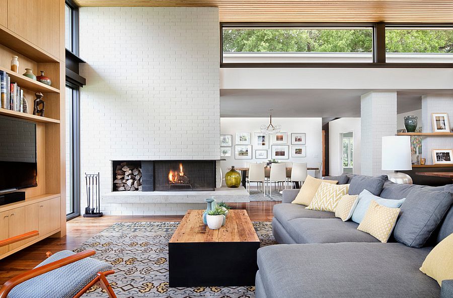 Mid-Century living room remodel with brick walls painted in warm white ...