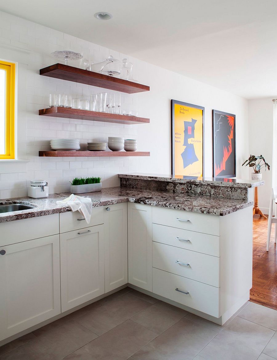 Minimal, open floating wooden shelves are a hit in the contemporary kitchen