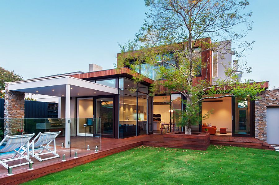 Modern exterior of the Sandringham House with a lovely wooden deck