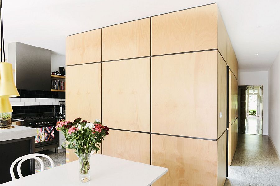 Multi-facated ply clad cabin built next to the kitchen also houses the pantry