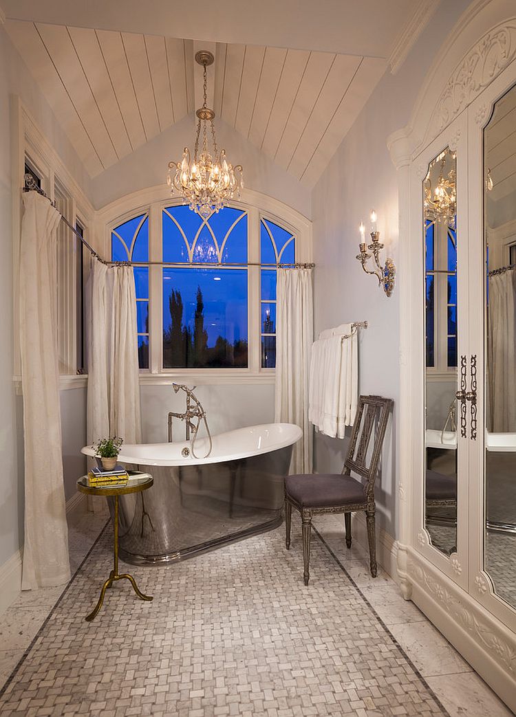 Narrow victorian bathroom with stainless steel bathtub, chair and a sleek side table