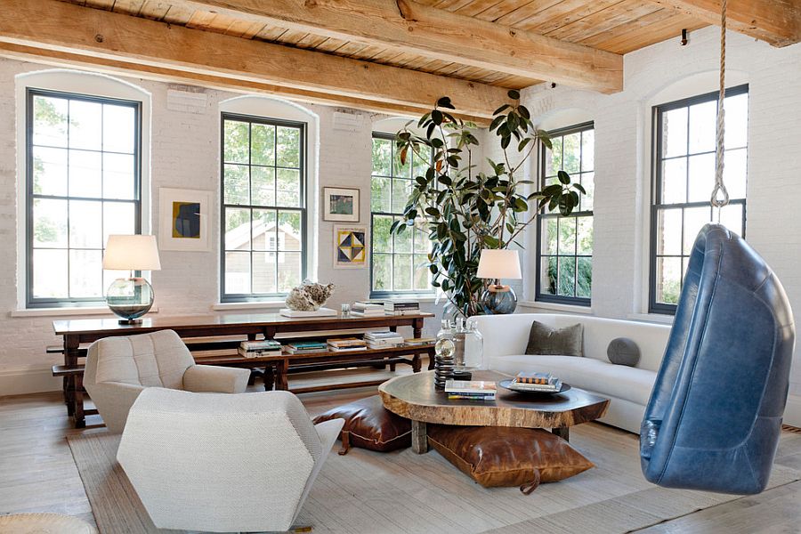 Natural wood and painted brick walls create a lovely contrast in the relaxing living room