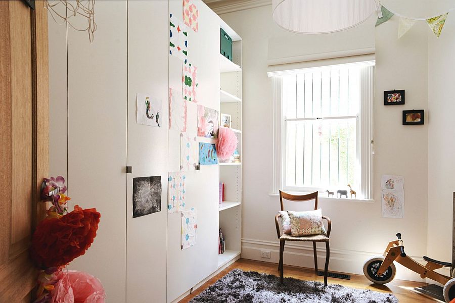 Neutral color scheme gives the small room a more spacious look